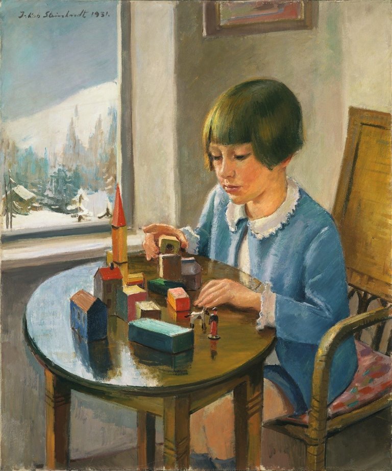 Auf diesem Bild ist das folgende Kunstwerk zu sehen: Jakob Steinhardt. Mit Bauklötzen spielendes Mädchen. 1931.