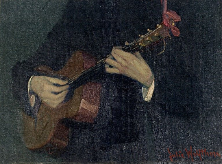 Auf diesem Bild ist das folgende Kunstwerk zu sehen: Julie Wolfthorn. Gitarrenspiel. Um 1900.
