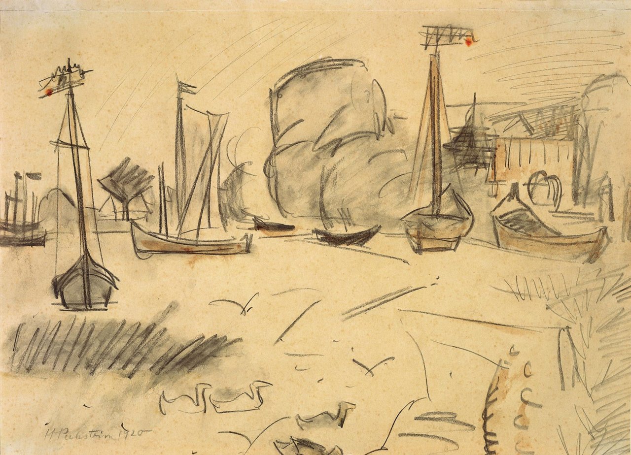 Auf diesem Bild ist das folgende Kunstwerk zu sehen: Max Pechstein. Schiffe im Hafen. 1920.