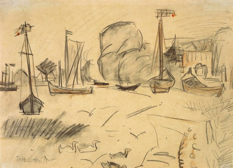 Auf diesem Bild ist das folgende Kunstwerk zu sehen: Max Pechstein. Schiffe im Hafen. 1920.