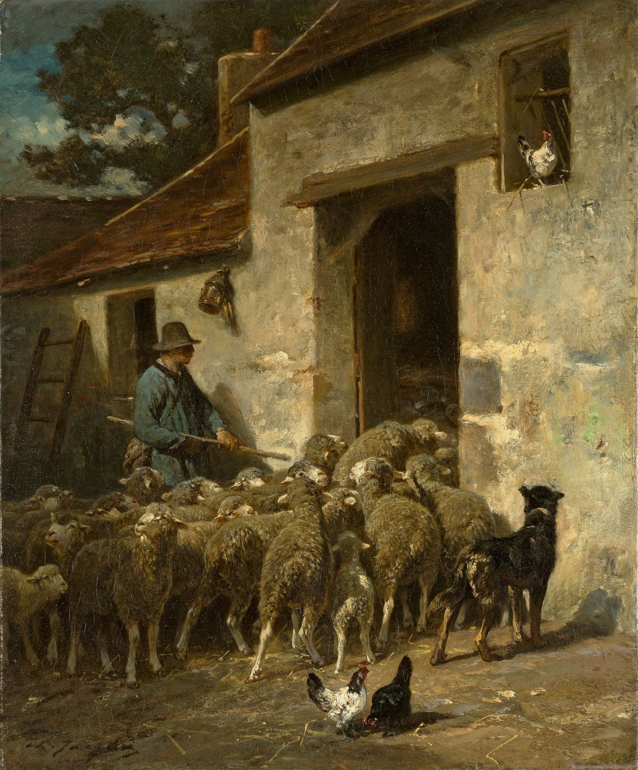 Auf diesem Bild ist das folgende Kunstwerk zu sehen: Charles Emile Jacque. An der Stalltür. Um 1876.