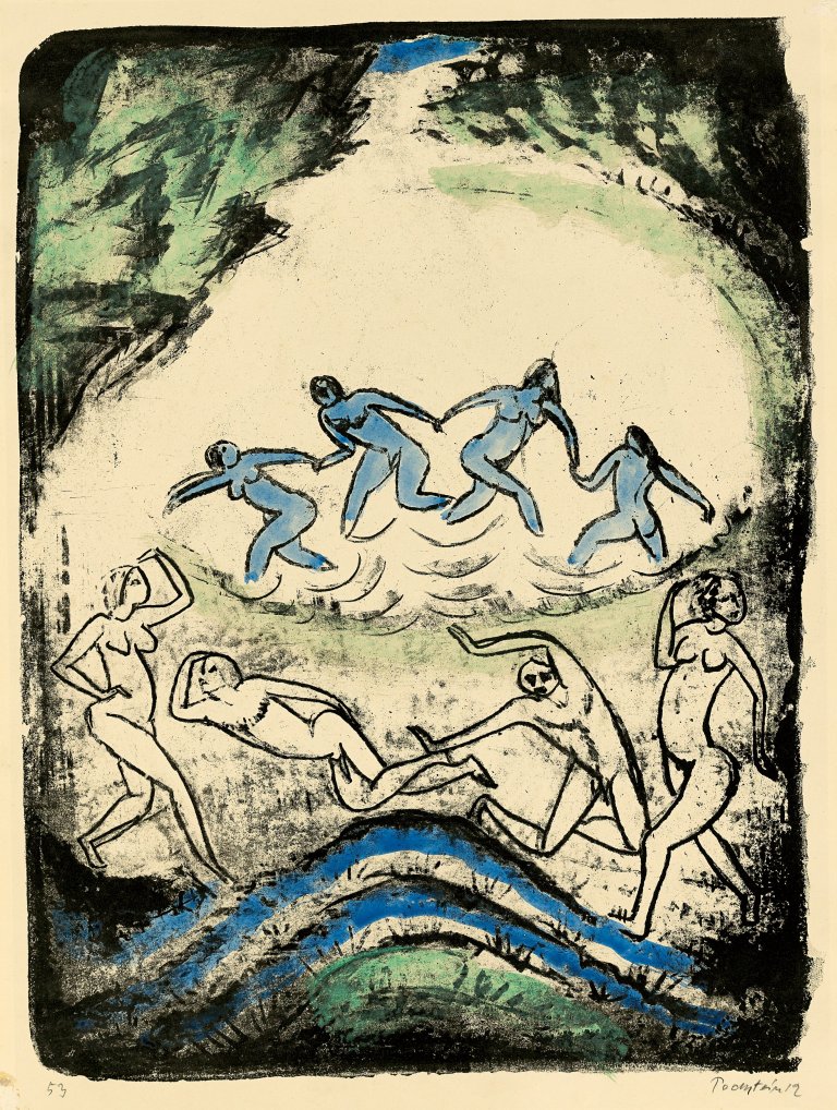 Auf diesem Bild ist das folgende Kunstwerk zu sehen: Max Pechstein. „Der Tanz (Tanzende und Badende am Waldteich)“. 1912.