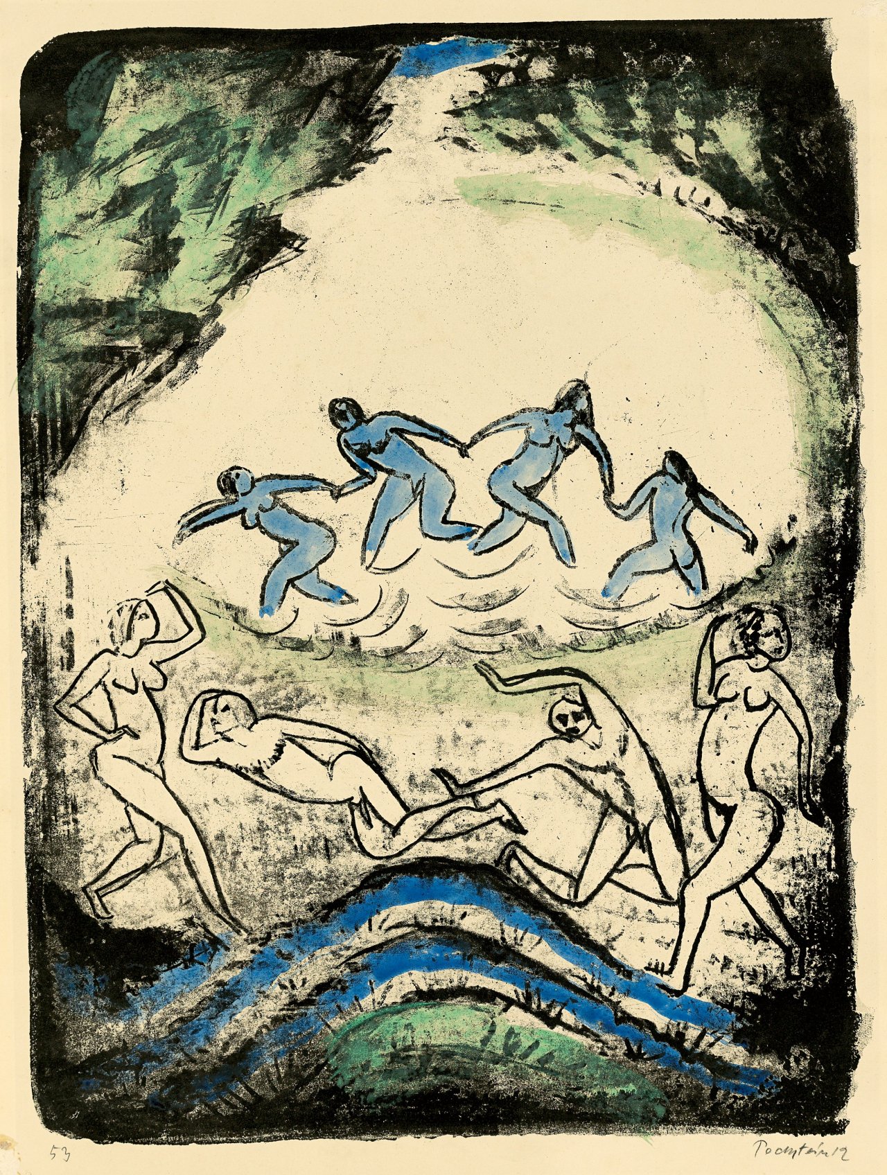 Auf diesem Bild ist das folgende Kunstwerk zu sehen: Max Pechstein. „Der Tanz (Tanzende und Badende am Waldteich)“. 1912.