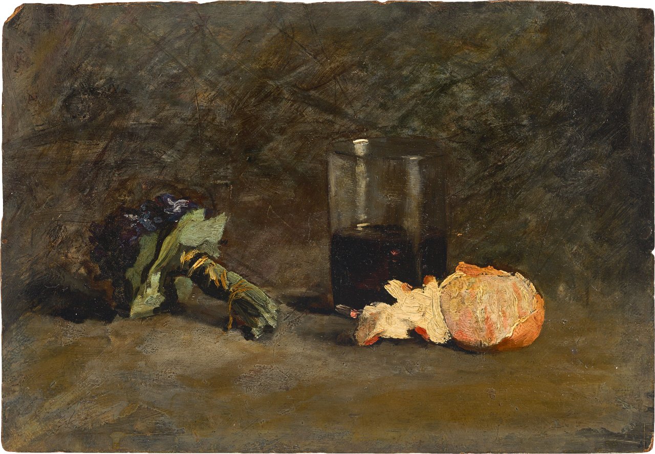 Auf diesem Bild ist das folgende Kunstwerk zu sehen:  Französisch, um 1860. Stillleben mit Blumenstrauß, Glas und Mandarine.
