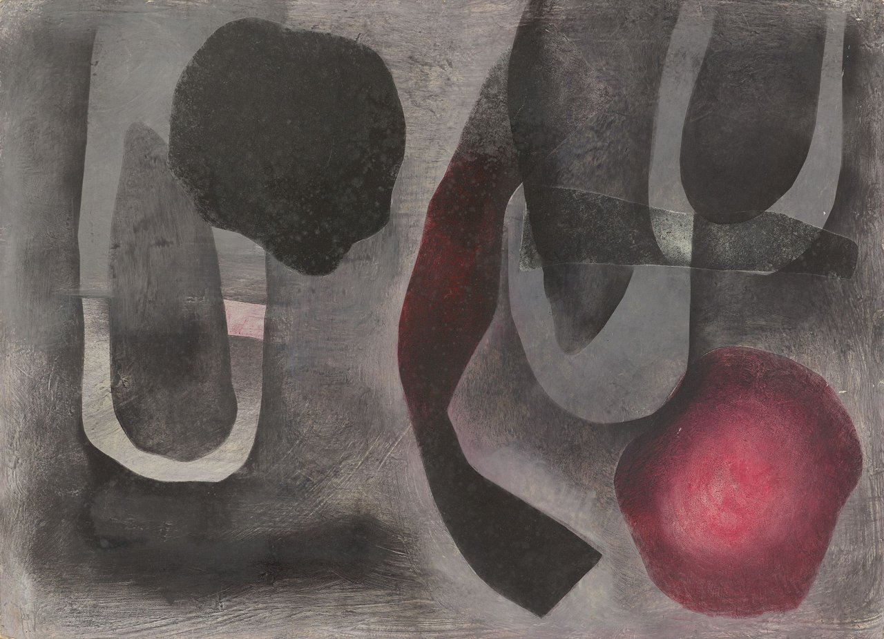 Auf diesem Bild ist das folgende Kunstwerk zu sehen: Fritz Winter. „Fallendes Rot“. 1951.