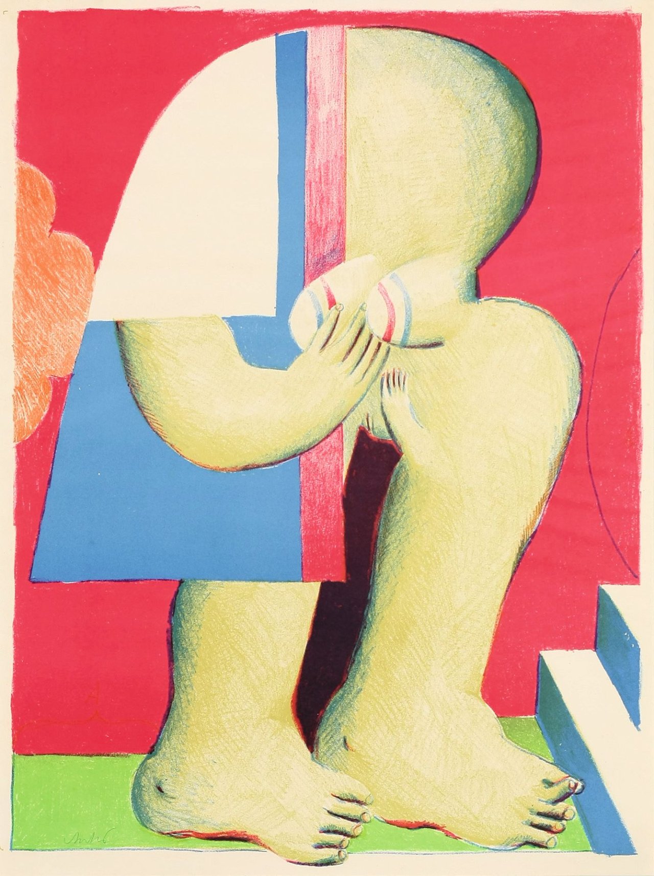 Auf diesem Bild ist das folgende Kunstwerk zu sehen: Horst Antes. „Maskierte Figur mit Treppe“. 1966.