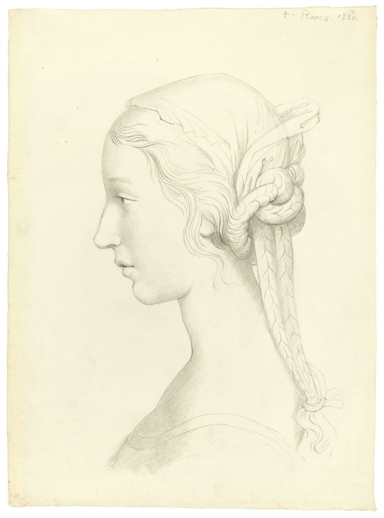 Auf diesem Bild ist das folgende Kunstwerk zu sehen: Peter Rittig. Portrait einer jungen Frau mit geflochtenem Haar im Profil nach links. Um 1830.
