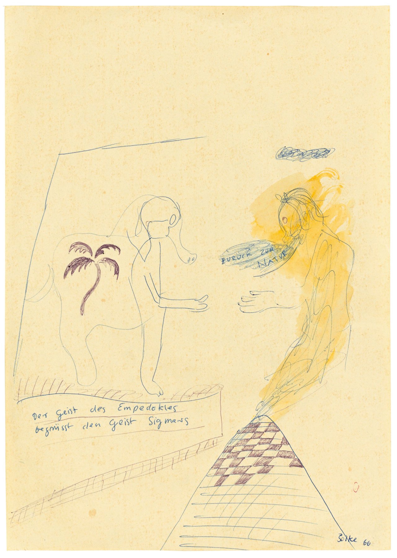 Auf diesem Bild ist das folgende Kunstwerk zu sehen: Sigmar Polke. „Der Geist des Empedokles begrüsst den Geist Sigmars“. 1966.