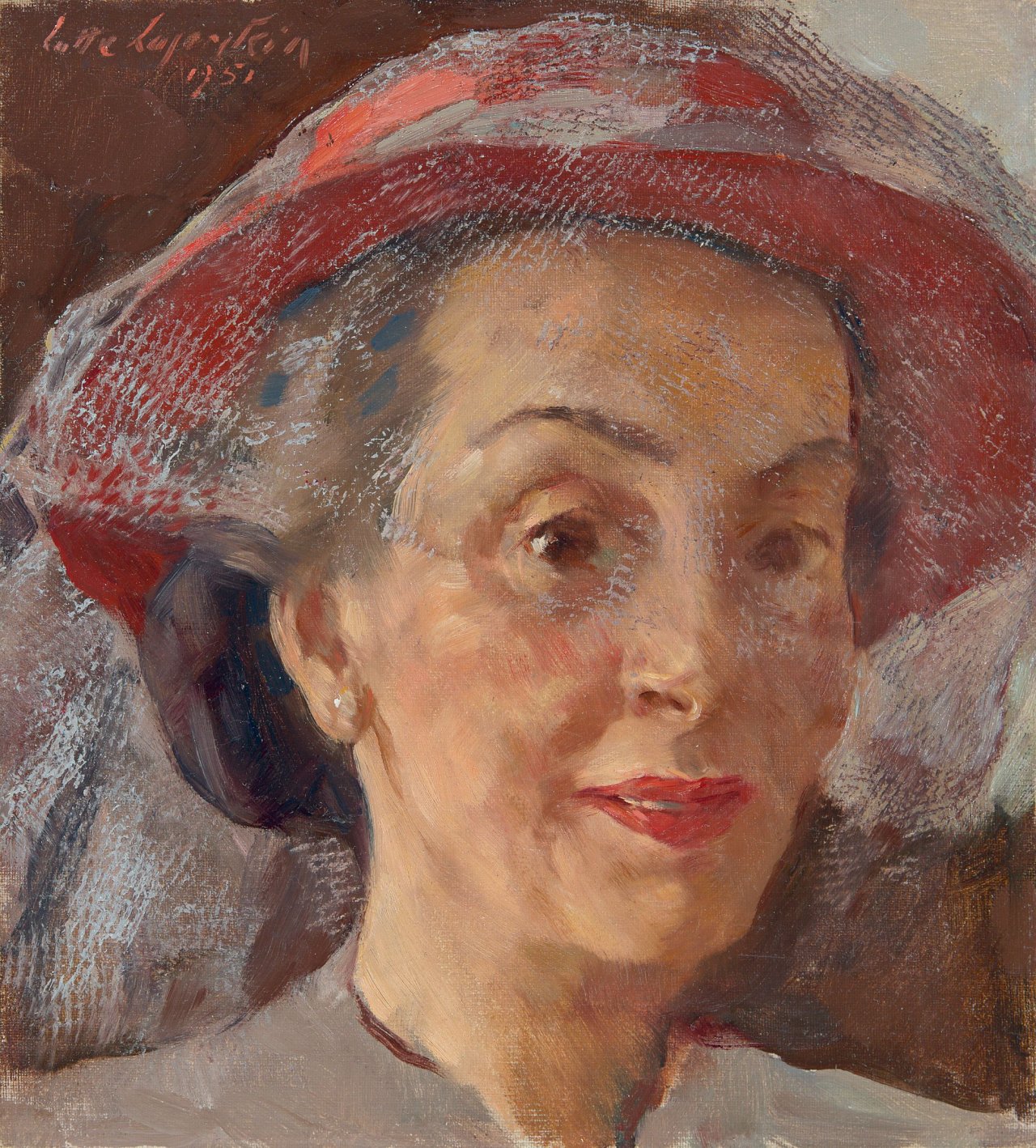 Auf diesem Bild ist das folgende Kunstwerk zu sehen: Lotte Laserstein. „Dame mit Schleierhut“. 1951.