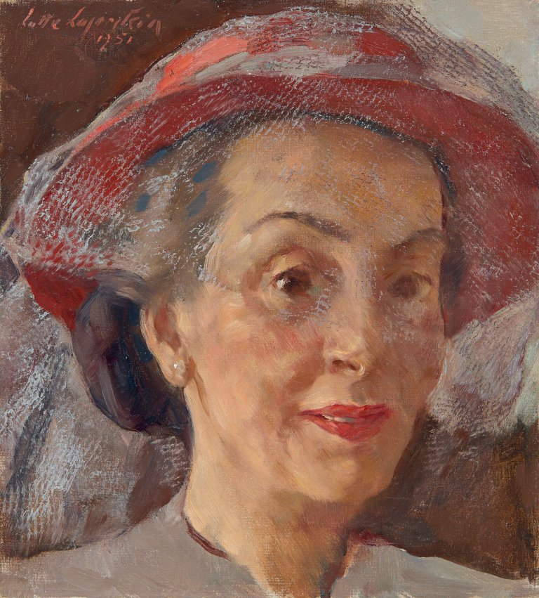 Auf diesem Bild ist das folgende Kunstwerk zu sehen: Lotte Laserstein. „Dame mit Schleierhut“. 1951.