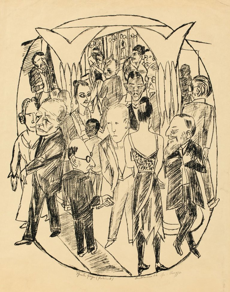 Auf diesem Bild ist das folgende Kunstwerk zu sehen: Max Beckmann. „Das Theaterfoyer“. 1922.