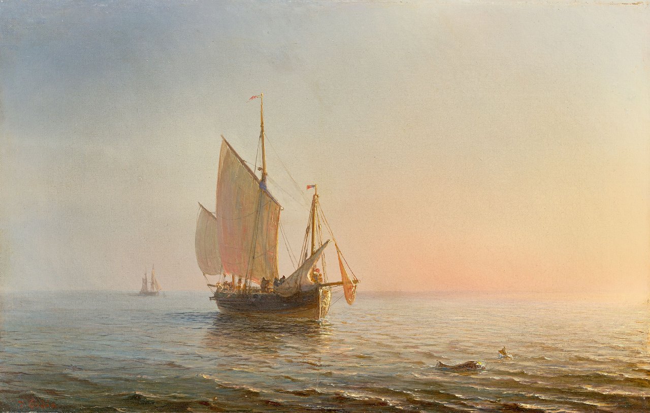 Auf diesem Bild ist das folgende Kunstwerk zu sehen: Théodore Gudin. Fischerboot bei Sonnenaufgang.