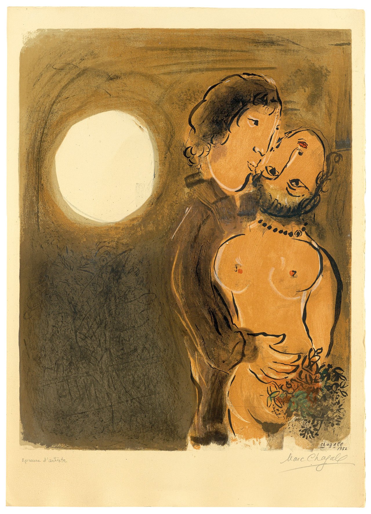 Auf diesem Bild ist das folgende Kunstwerk zu sehen: Marc Chagall. „Couple en ocre“. 1952.