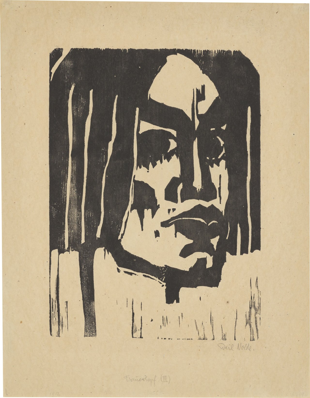 Auf diesem Bild ist das folgende Kunstwerk zu sehen: Emil Nolde. „Frauenkopf III“. 1912.