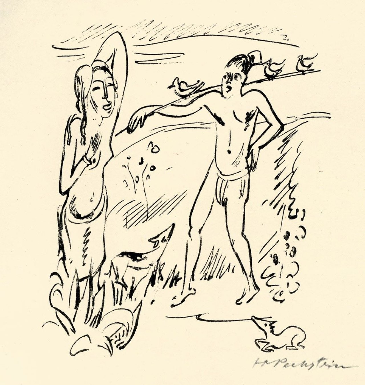 Auf diesem Bild ist das folgende Kunstwerk zu sehen: Max Pechstein. „Südsee, Reisebilder 44 (Am Badeplatz)“. 1919.