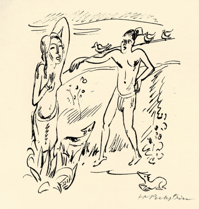 Auf diesem Bild ist das folgende Kunstwerk zu sehen: Max Pechstein. „Südsee, Reisebilder 44 (Am Badeplatz)“. 1919.