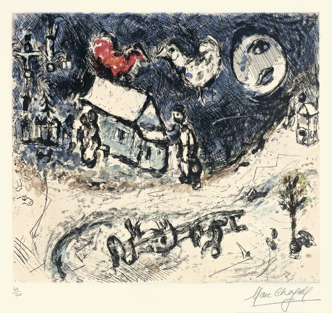 Auf diesem Bild ist das folgende Kunstwerk zu sehen: Marc Chagall. „Les coqs sur le toit“. 1968.