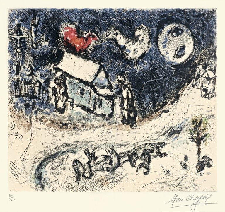 Auf diesem Bild ist das folgende Kunstwerk zu sehen: Marc Chagall. „Les coqs sur le toit“. 1968.