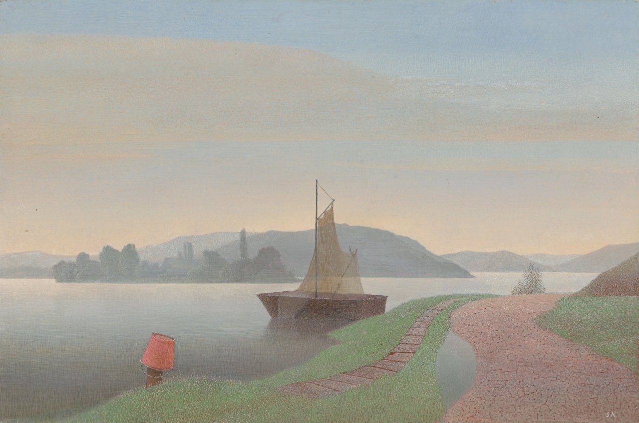 Auf diesem Bild ist das folgende Kunstwerk zu sehen: Siegfried Klapper. Flusslandschaft mit Segelschiff.