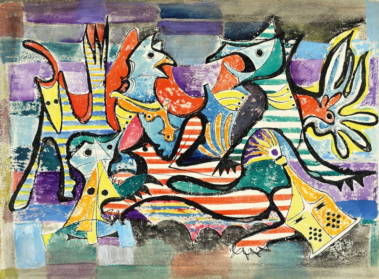 Auf diesem Bild ist das folgende Kunstwerk zu sehen: Rudolf Ausleger. „Wildgewordene Heraldik“. 1953.