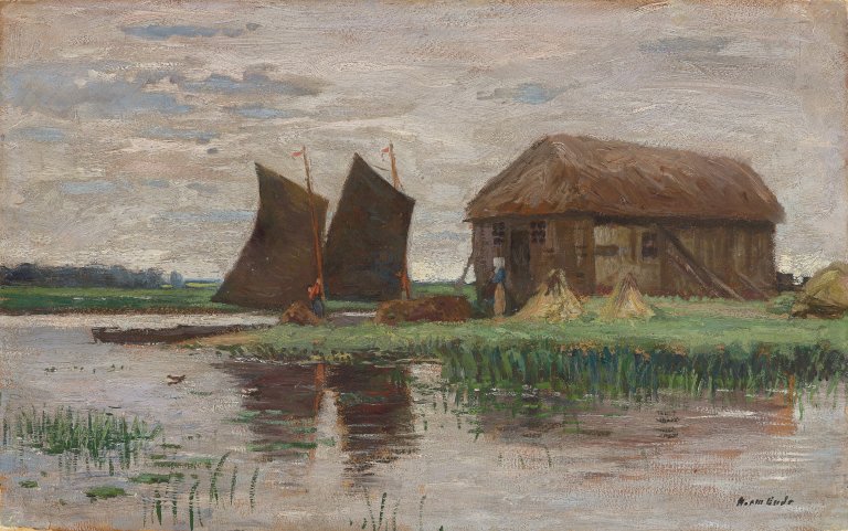 Auf diesem Bild ist das folgende Kunstwerk zu sehen: Hans am Ende. Moorhütte mit Booten. Um 1896.