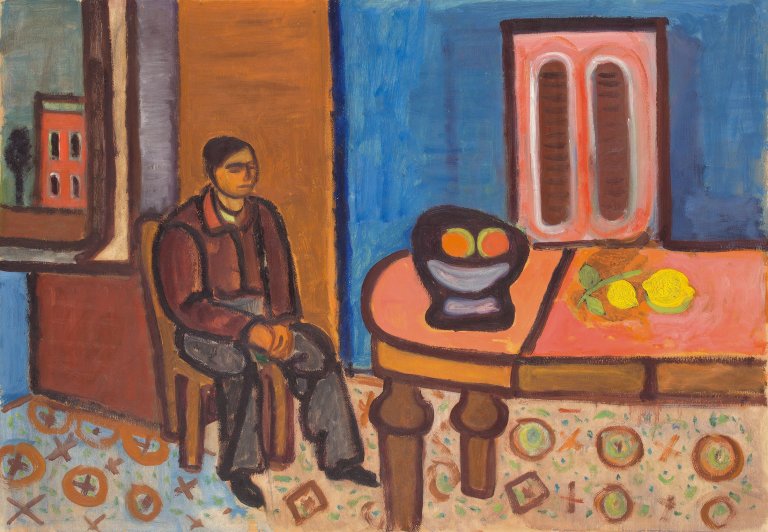 Auf diesem Bild ist das folgende Kunstwerk zu sehen: Werner Gilles. Interieur mit sitzendem Mann. Um 1945/50.
