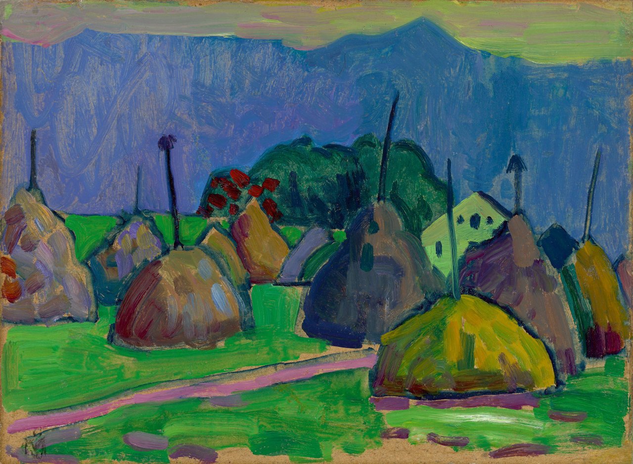 Auf diesem Bild ist das folgende Kunstwerk zu sehen: Gabriele Münter. Heuhocken in Murnau. Um 1909.