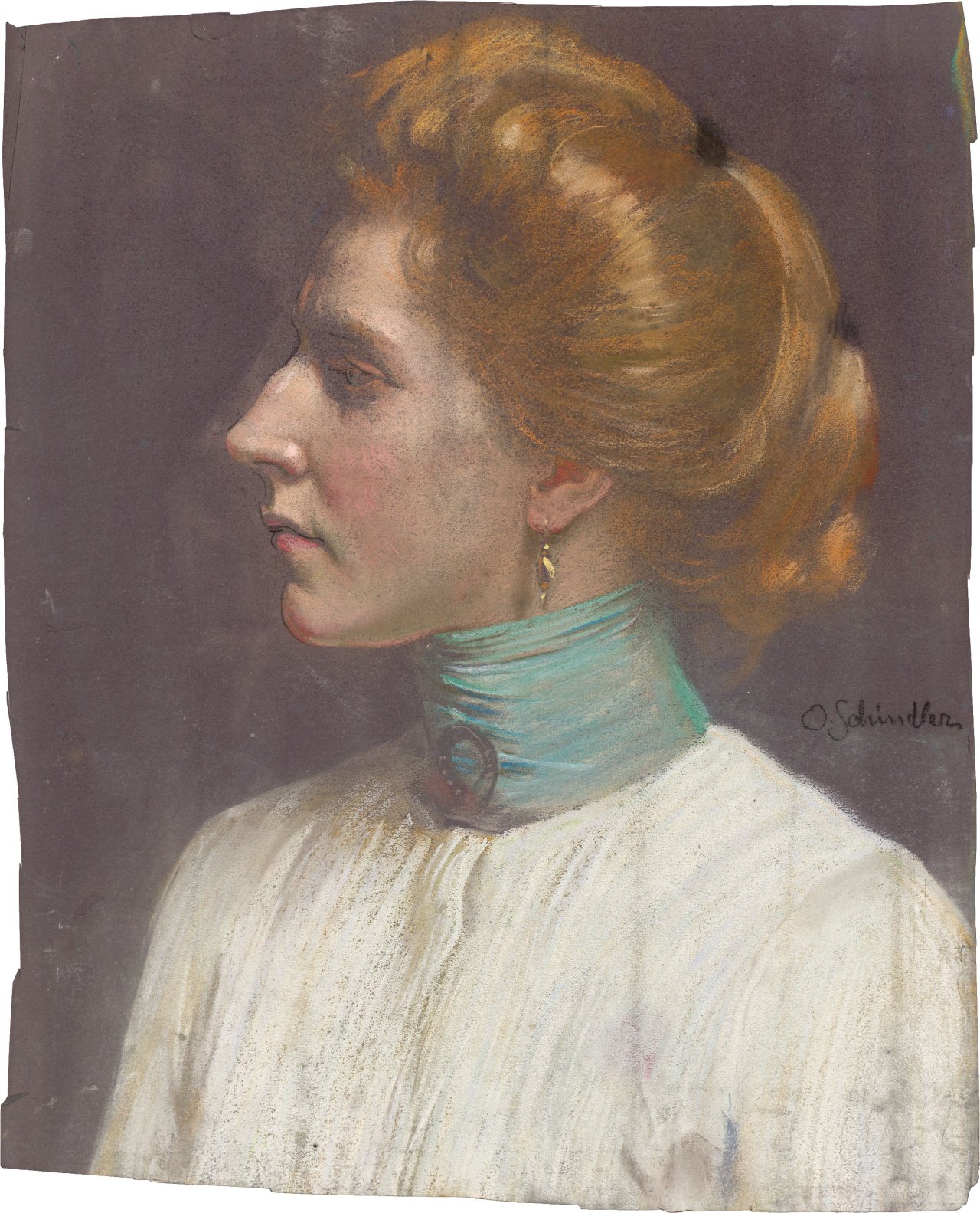 This picture shows the following artwork: Osmar Schindler. Woman with golden hair in profile facing left.