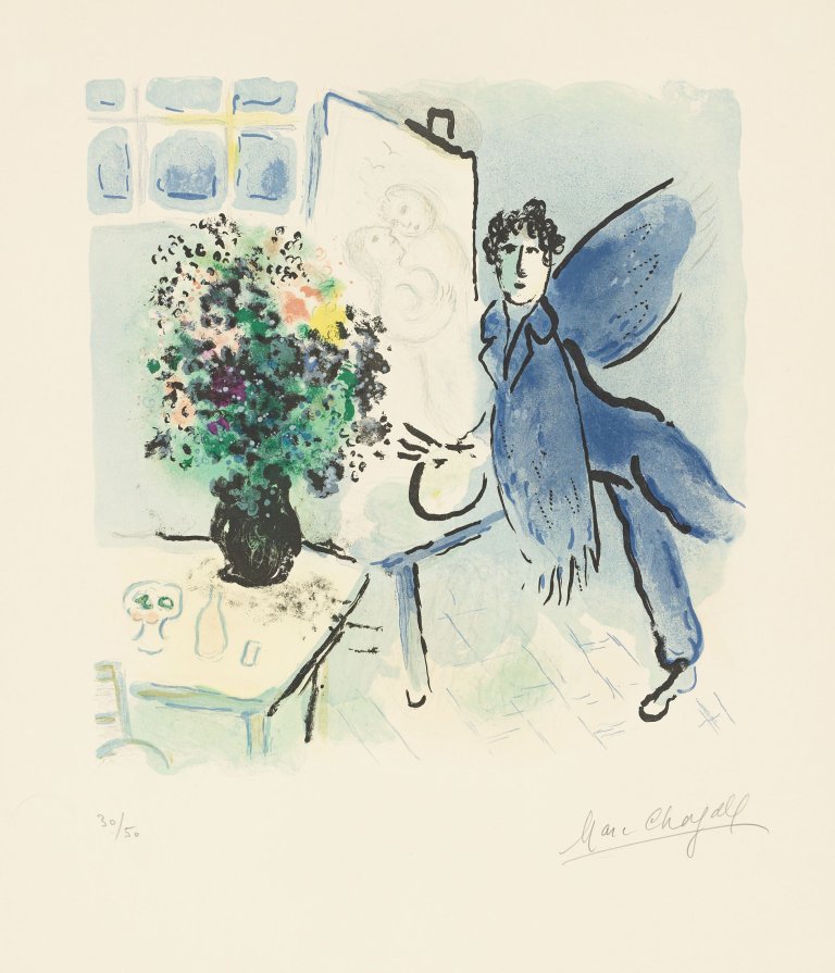 Auf diesem Bild ist das folgende Kunstwerk zu sehen: Marc Chagall. „Das blaue Atelier“. 1973.