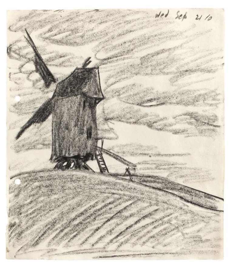 Auf diesem Bild ist das folgende Kunstwerk zu sehen: Lyonel Feininger. Windmühle auf einer Bergkuppe. 1910.