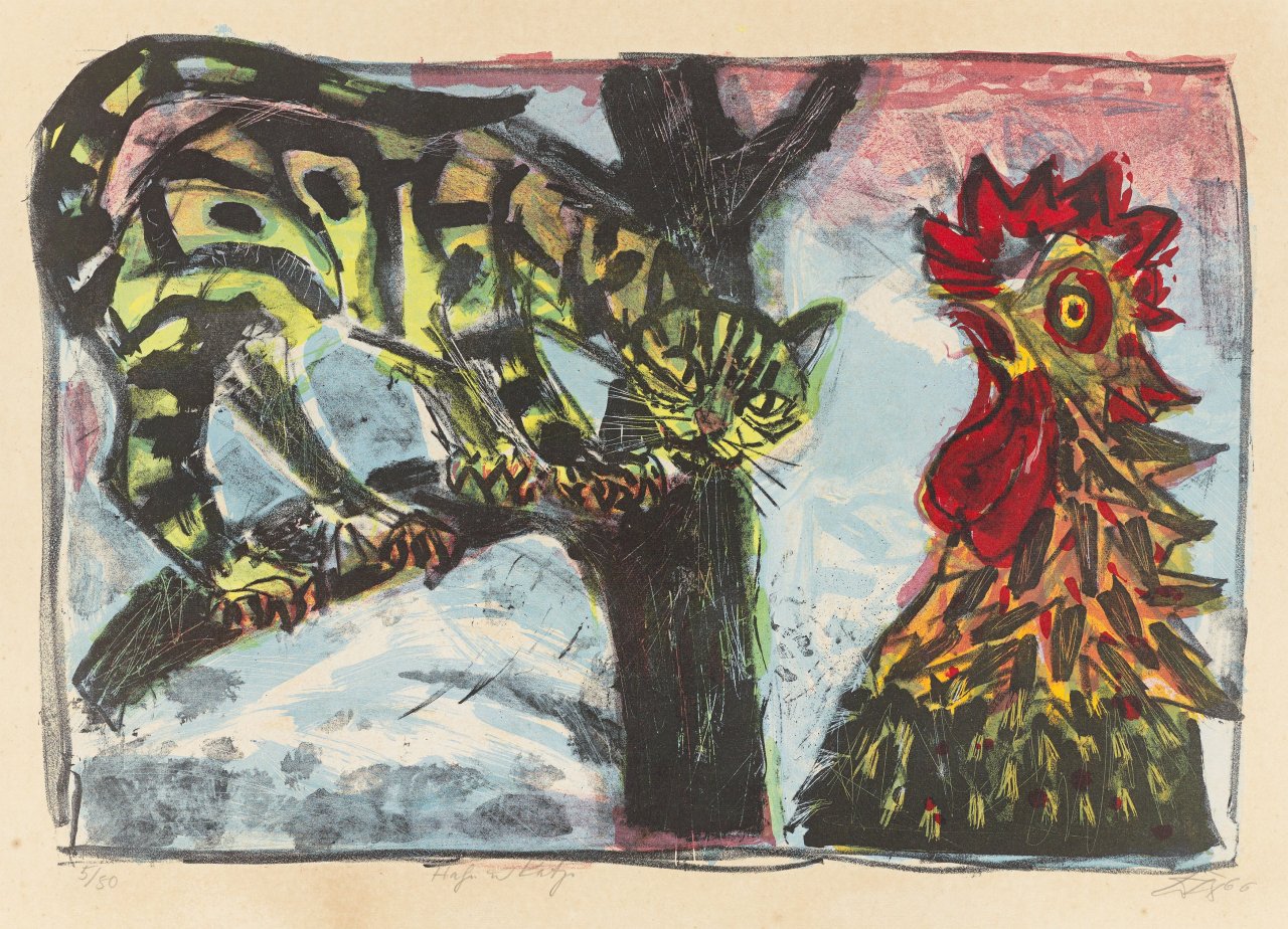 Auf diesem Bild ist das folgende Kunstwerk zu sehen: Otto Dix. „Katze und Hahn“. 1966.
