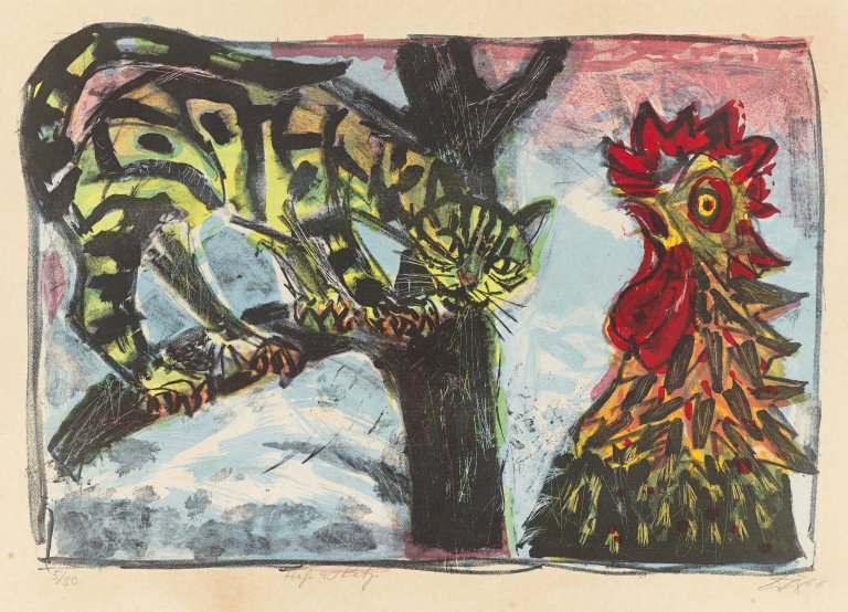 Auf diesem Bild ist das folgende Kunstwerk zu sehen: Otto Dix. „Katze und Hahn“. 1966.