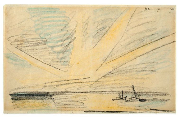 Auf diesem Bild ist das folgende Kunstwerk zu sehen: Lyonel Feininger. Ohne Titel (Sonnenuntergang am Meer). 1934.
