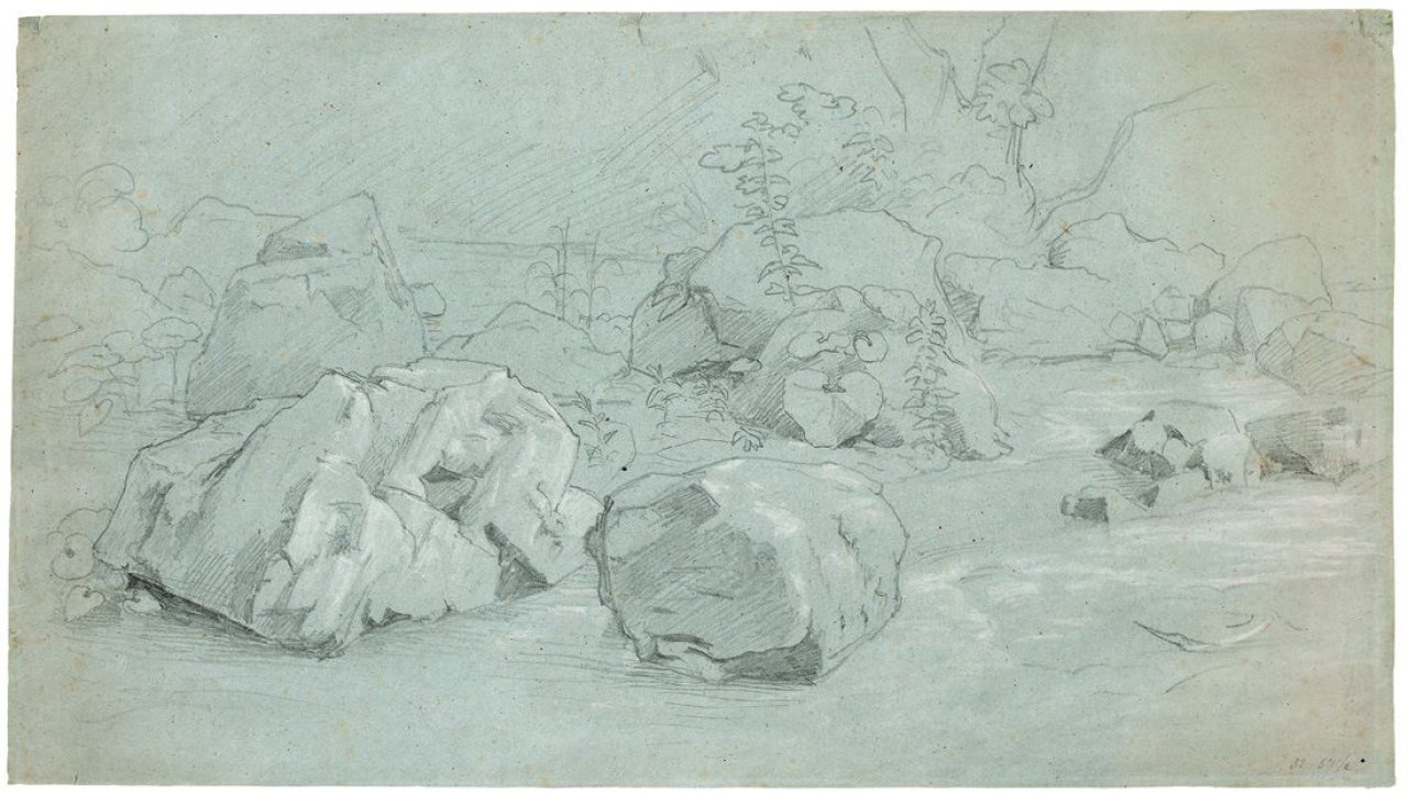 Auf diesem Bild ist das folgende Kunstwerk zu sehen: Johann Wilhelm  Schirmer. Landschaft mit Felsblöcken.