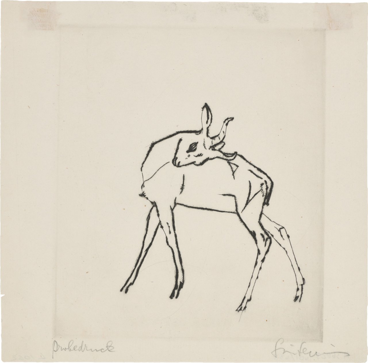 Auf diesem Bild ist das folgende Kunstwerk zu sehen: Renée Sintenis. Stehende Antilope, sich kratzend.
