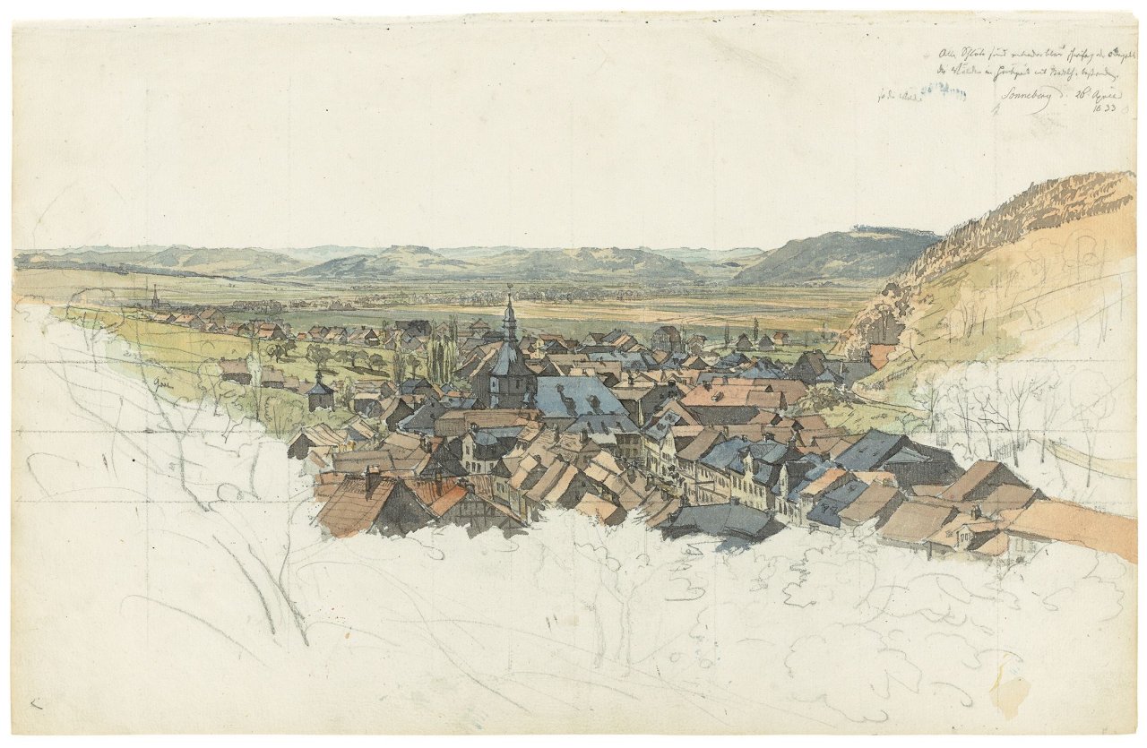 Auf diesem Bild ist das folgende Kunstwerk zu sehen: Carl Wagner. Blick auf Sonneberg in Thüringen. 1833.