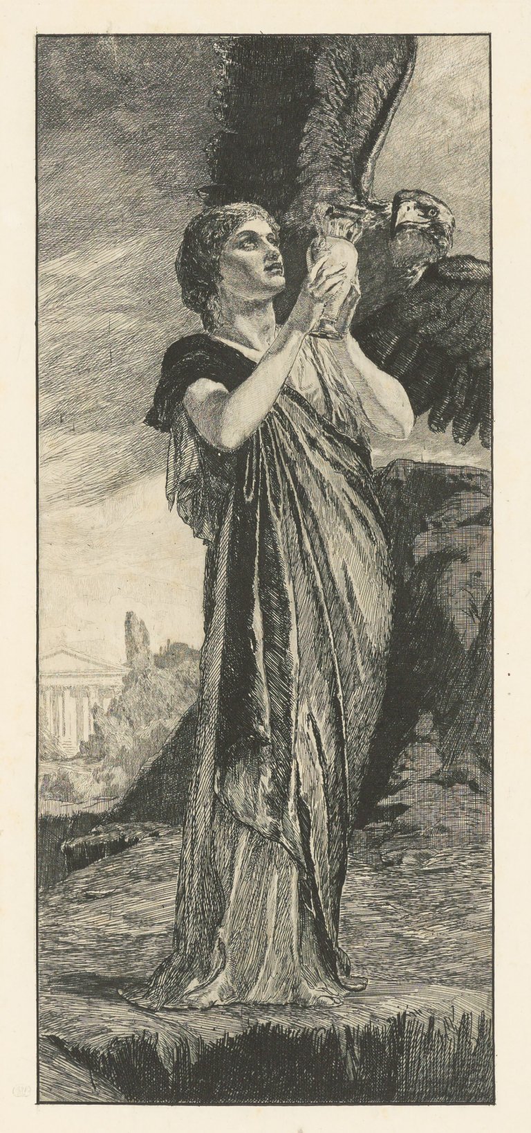 Auf diesem Bild ist das folgende Kunstwerk zu sehen: Max Klinger. „Psyche und der Adler Jupiters“. Um 1882 / „Liebespaar im Gemach“ Einzeldruck aus „Brahmsphantasie. Opus XII“. Vor 1893.
