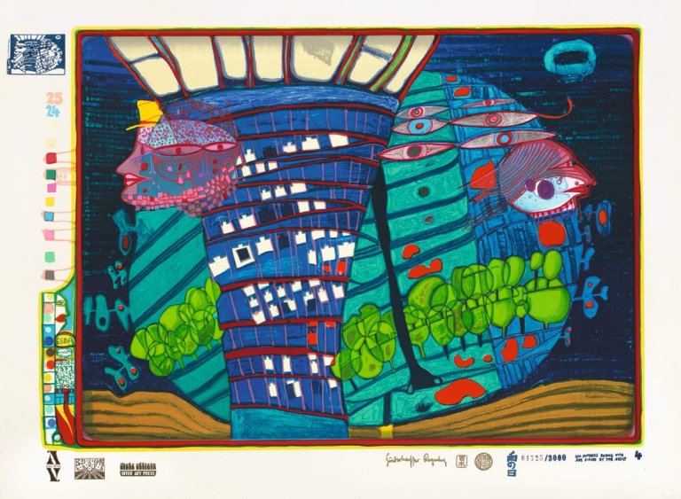 Auf diesem Bild ist das folgende Kunstwerk zu sehen: Friedensreich Hundertwasser. „Look at it on a rainy day“. 1971/72.
