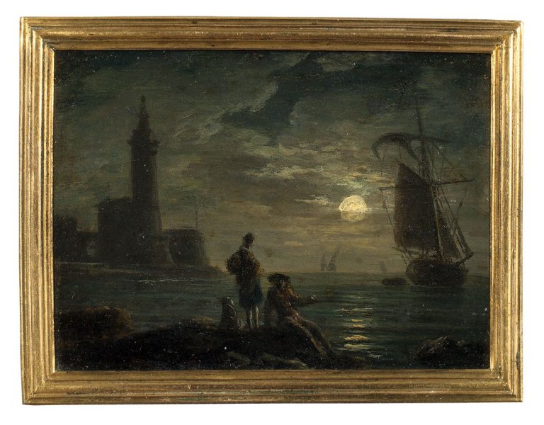 Auf diesem Bild ist das folgende Kunstwerk zu sehen:  Deutsch, um 1830. Hafen bei Nacht.