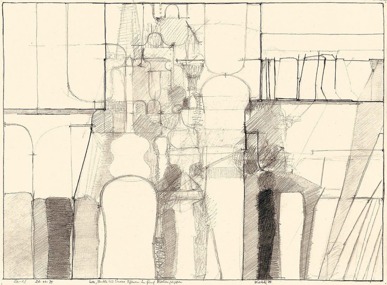 Auf diesem Bild ist das folgende Kunstwerk zu sehen: Heinz Kreutz. „Helle, dunkle und lineare Figuren in fünf Flächengruppen“. 1975.