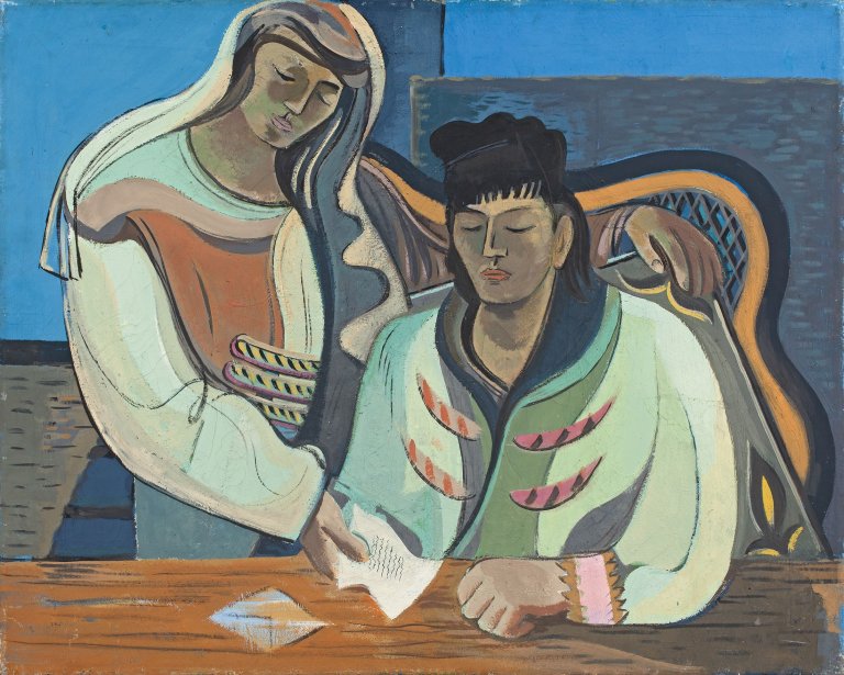 Auf diesem Bild ist das folgende Kunstwerk zu sehen: César Klein. „Zwei Frauen mit Brief“. 1928.