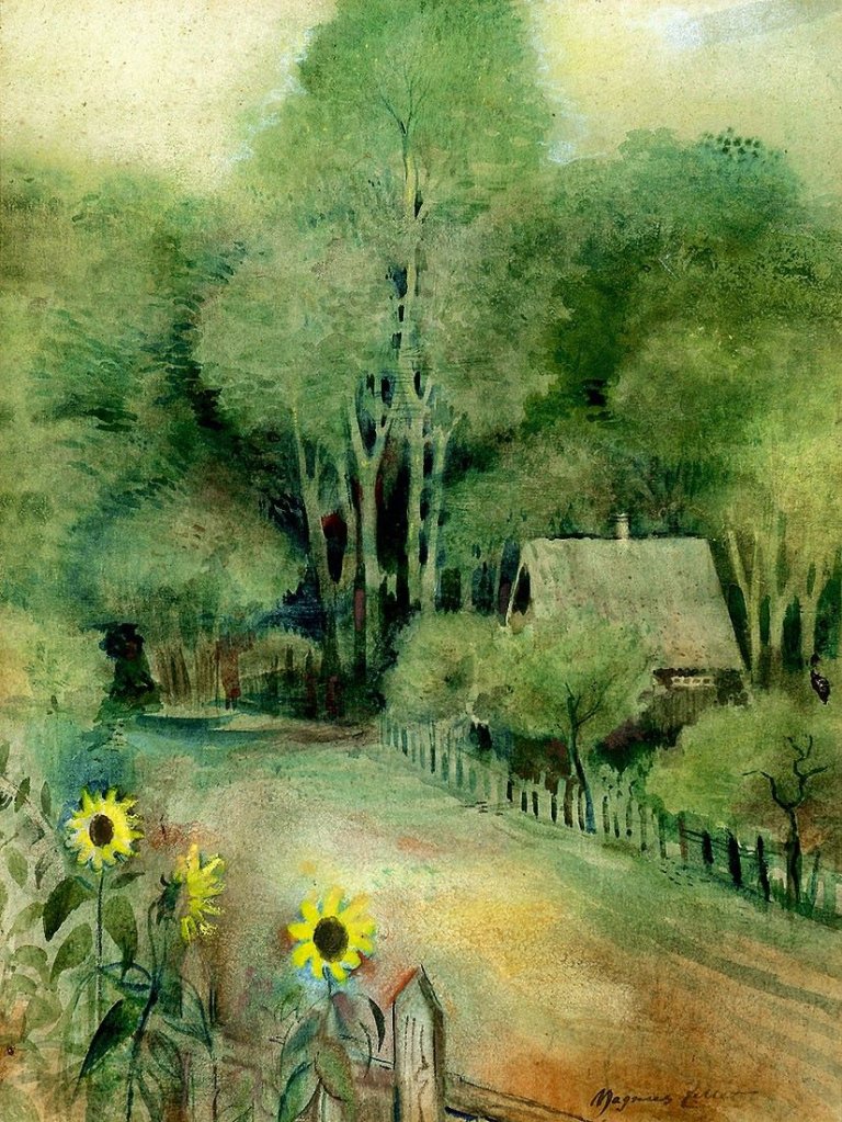 Auf diesem Bild ist das folgende Kunstwerk zu sehen: Magnus Zeller. Dorfstraße mit Sonnenblumen. 1950er Jahre.