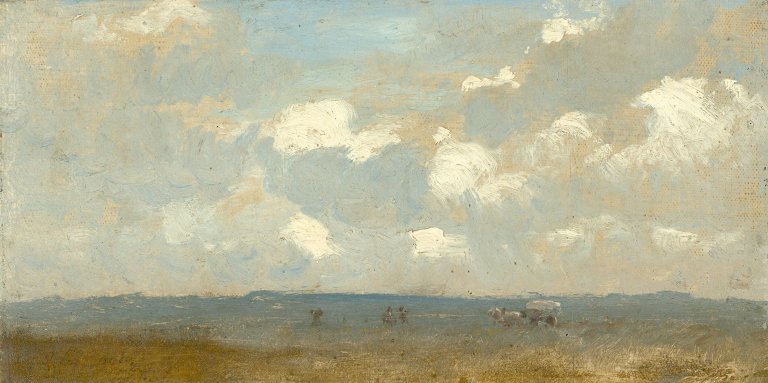 Auf diesem Bild ist das folgende Kunstwerk zu sehen:  Deutsch, um 1890. Wolken über einer Ebene mit Planwagen. 1887.