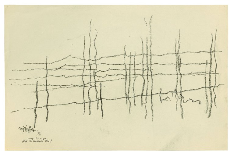 Auf diesem Bild ist das folgende Kunstwerk zu sehen: Lyonel Feininger. „Spring Landscape (along the Housatonic River)“. 1951.