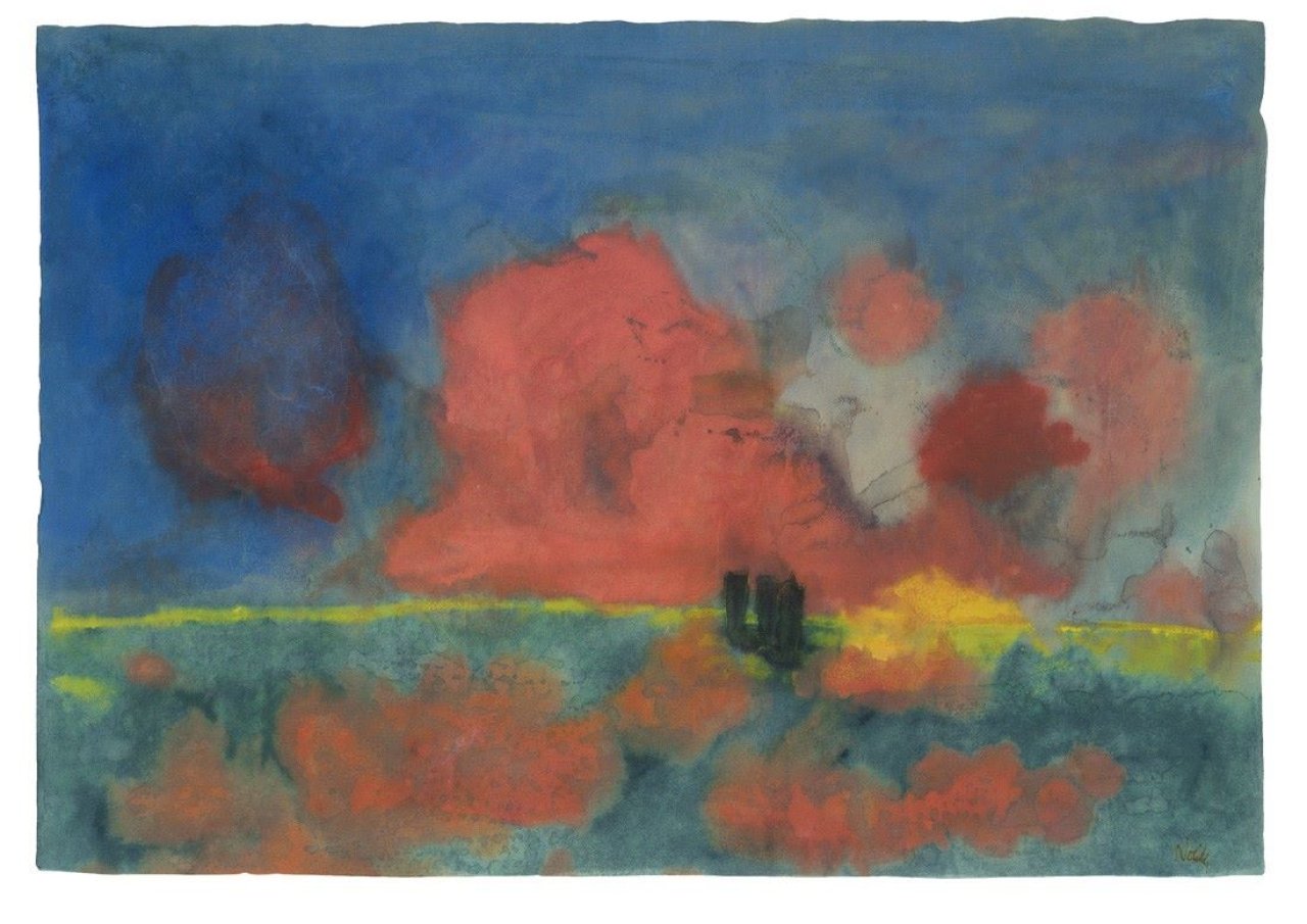 This picture shows the following artwork: Emil Nolde. „Meer mit roten Wolken und dunklen Seglern“. Circa 1935/40.