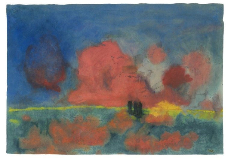 This picture shows the following artwork: Emil Nolde. „Meer mit roten Wolken und dunklen Seglern“. Circa 1935/40.