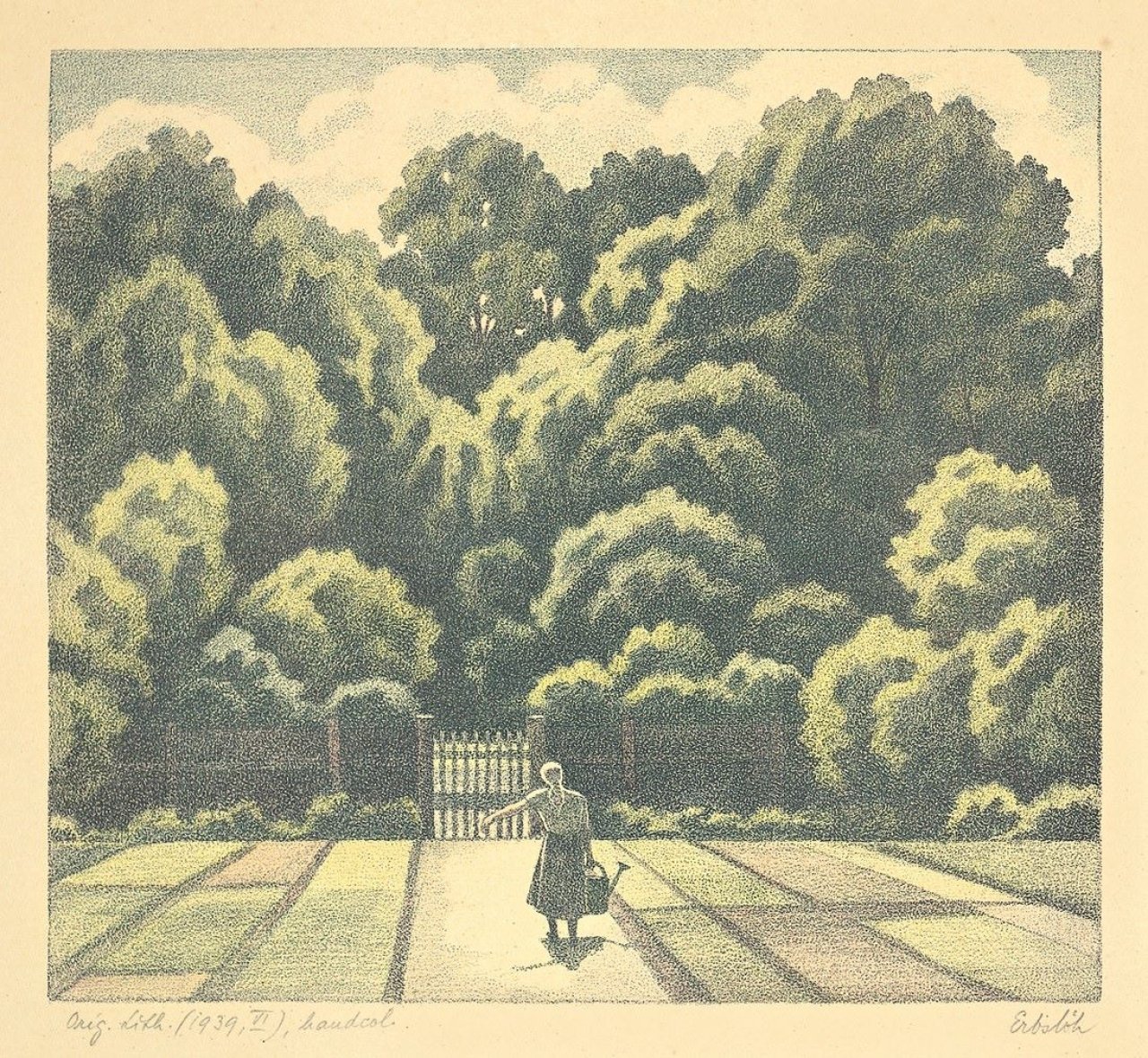 Auf diesem Bild ist das folgende Kunstwerk zu sehen: Adolf Erbslöh. Feldweg bei Irschhausen, das Haus des Künstlers im Hintergrund / Frau mit Giesskanne. 1941/1939.