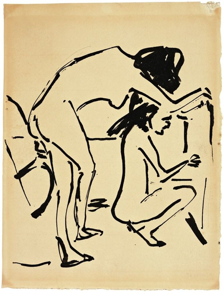 Auf diesem Bild ist das folgende Kunstwerk zu sehen: Ernst Ludwig Kirchner. Stehender und hockender Mädchenakt im Atelier. Um 1910.