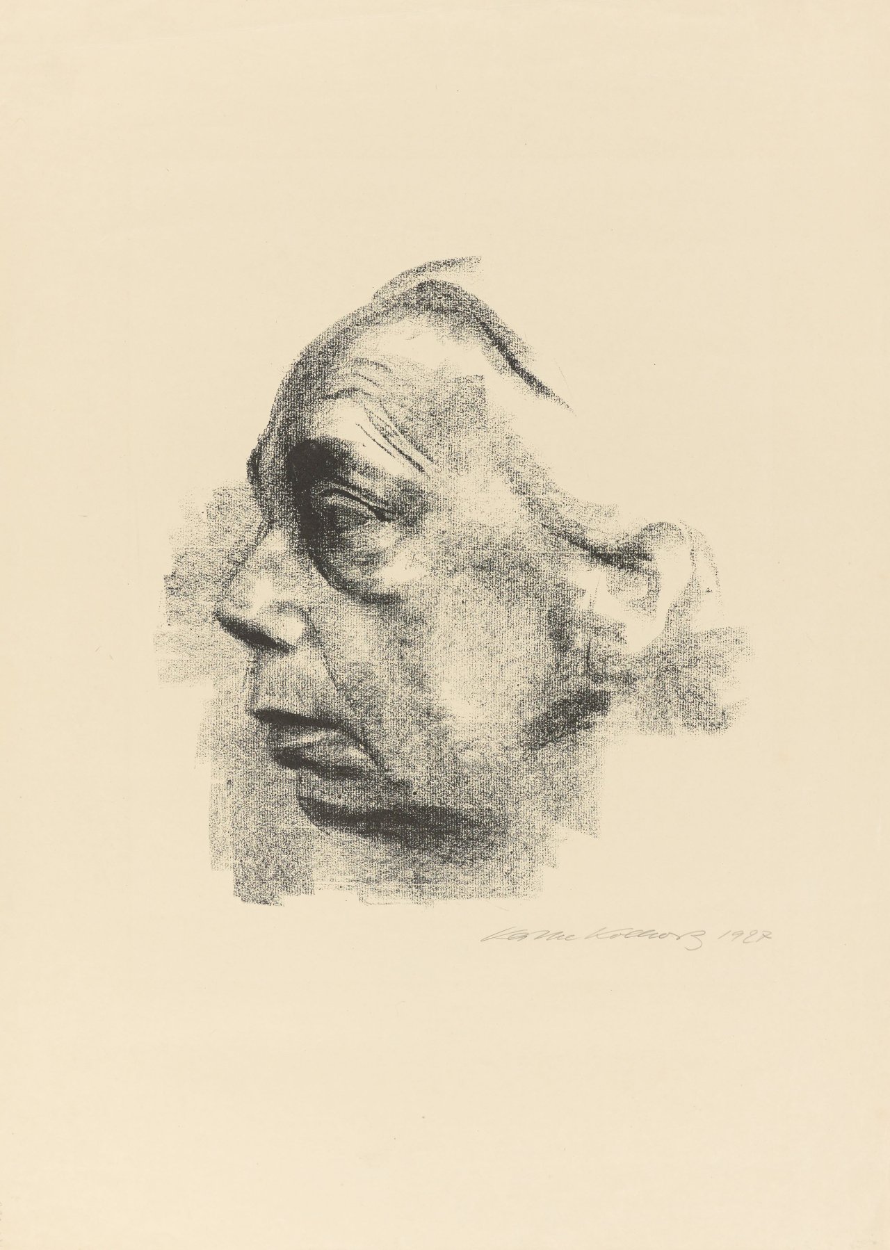 Auf diesem Bild ist das folgende Kunstwerk zu sehen: Käthe Kollwitz. „Selbstbildnis im Profil“. 1927.