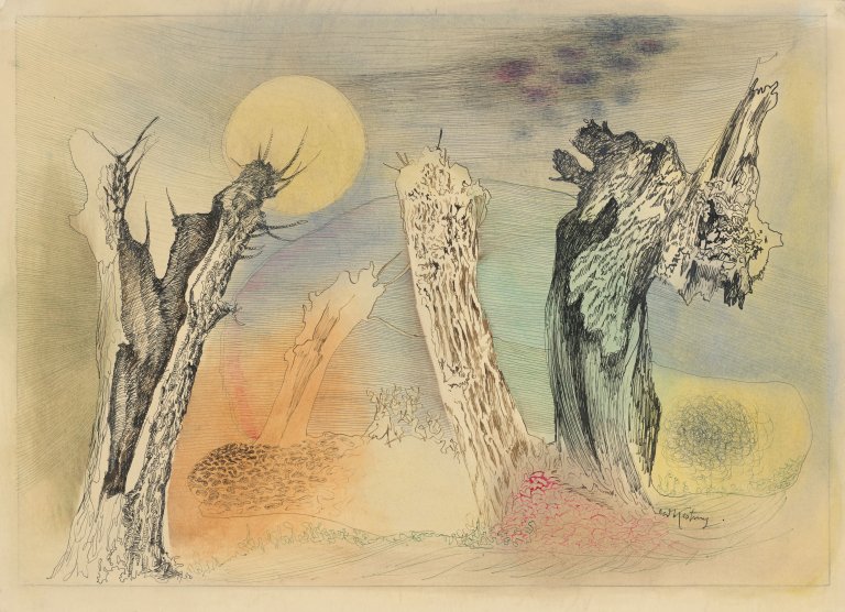Auf diesem Bild ist das folgende Kunstwerk zu sehen: Edmund Kesting. Ohne Titel (Landschaft mit Weiden). 1950.